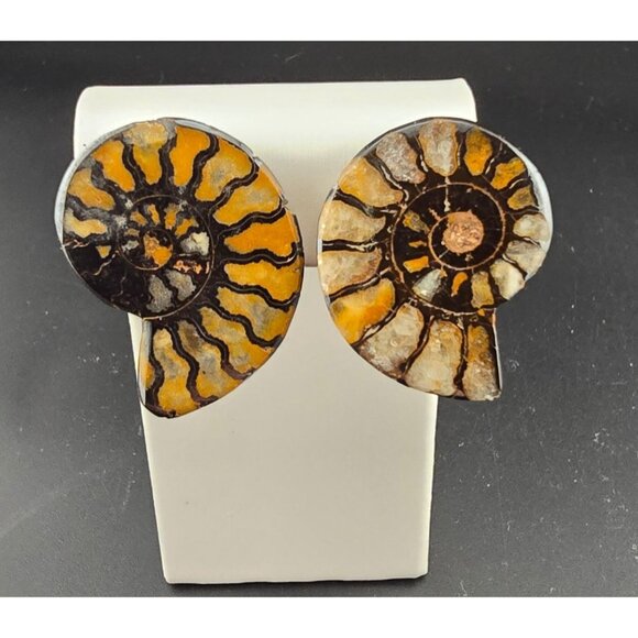 Vendome Jewelry - Rare Vendome Ammonite Fossil Clip-On Earrings Yellow & Brown Vintage READ